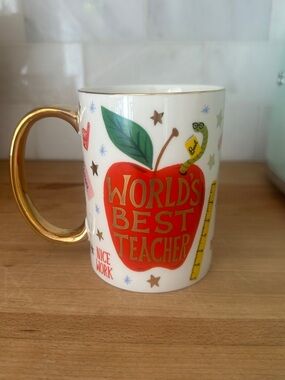 Rifle Paper Co. "World's Best Teacher" Gold-Handled Red Apple Mug